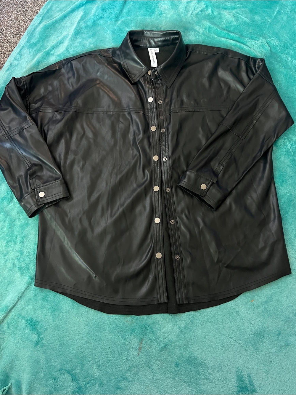 Black Faux Leather Bomber Jacket with Snap Front